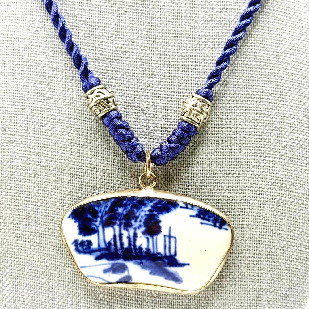 Vintage Japanese Blue White Pottery Pendant Necklace Blue Silk Tie Closure